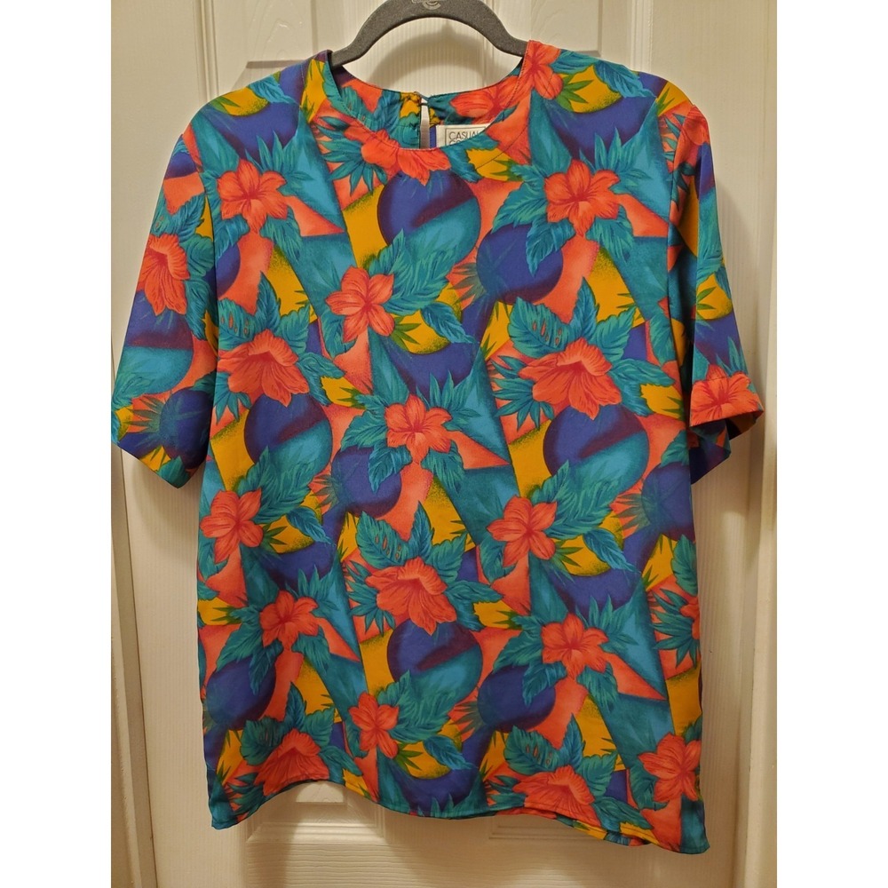 Vtg Casual Corner Top Sz M Tropical Hawaiian Resort Golden Girl Grandma Core Y2K